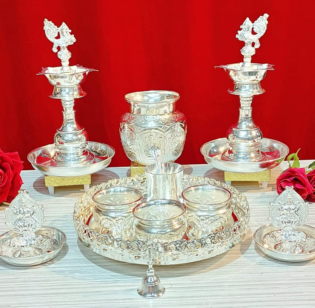 german silver pooja thali set of 19 pieces for housewarming pooja/ vara lakshmi/ diwali